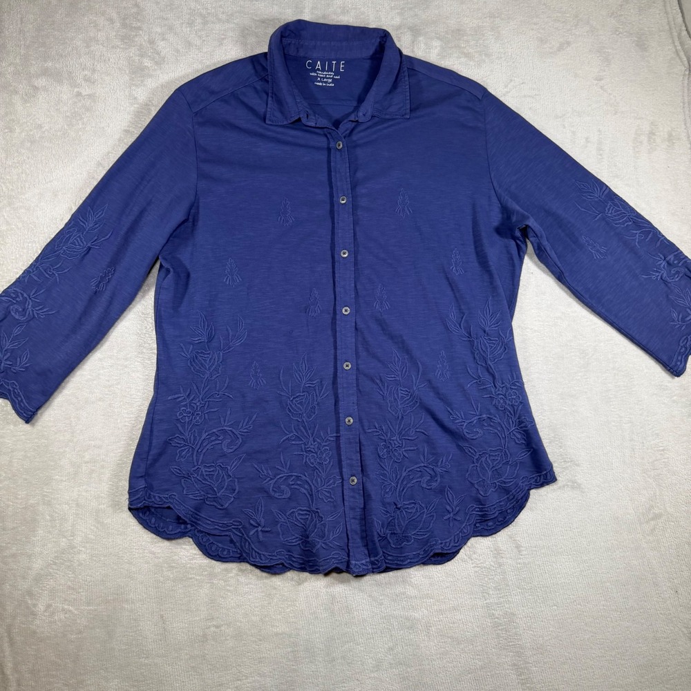 CAITE Blue Cotton Slub Floral Embroidered Scalloped Hem‎ Button Down Shirt XL